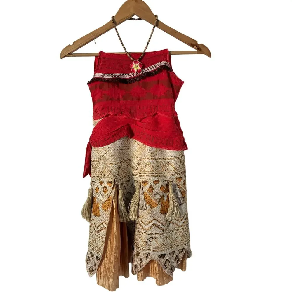 Disney Moana Halloween Costume Dress w/Hibiscus Flower Puka Necklace Size 5